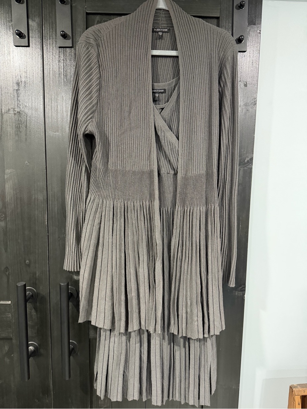 Eileen Fisher Ribbed Pleated Long Sleeve Dress — Gray